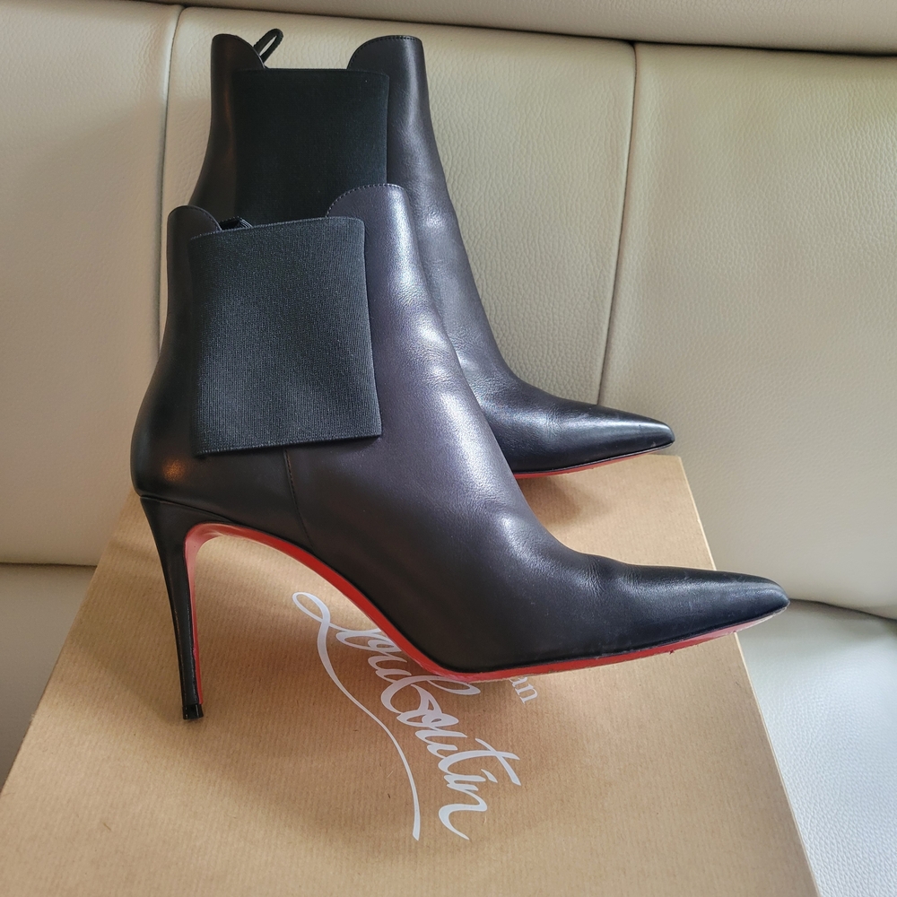 Christian Louboutin Black Leather Pointed Ankle Boots with Red Soles